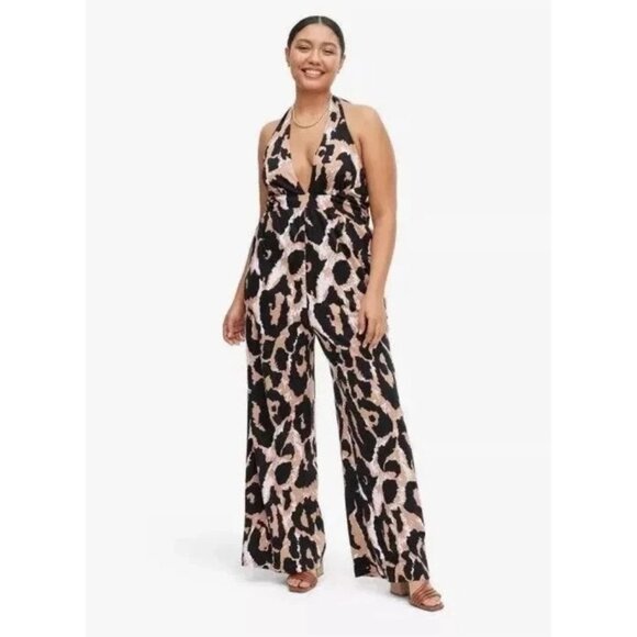 Diane Von Furstenberg Stylish Leopard Print Halter Neutral Jumpsuit Size Large - Picture 1 of 14
